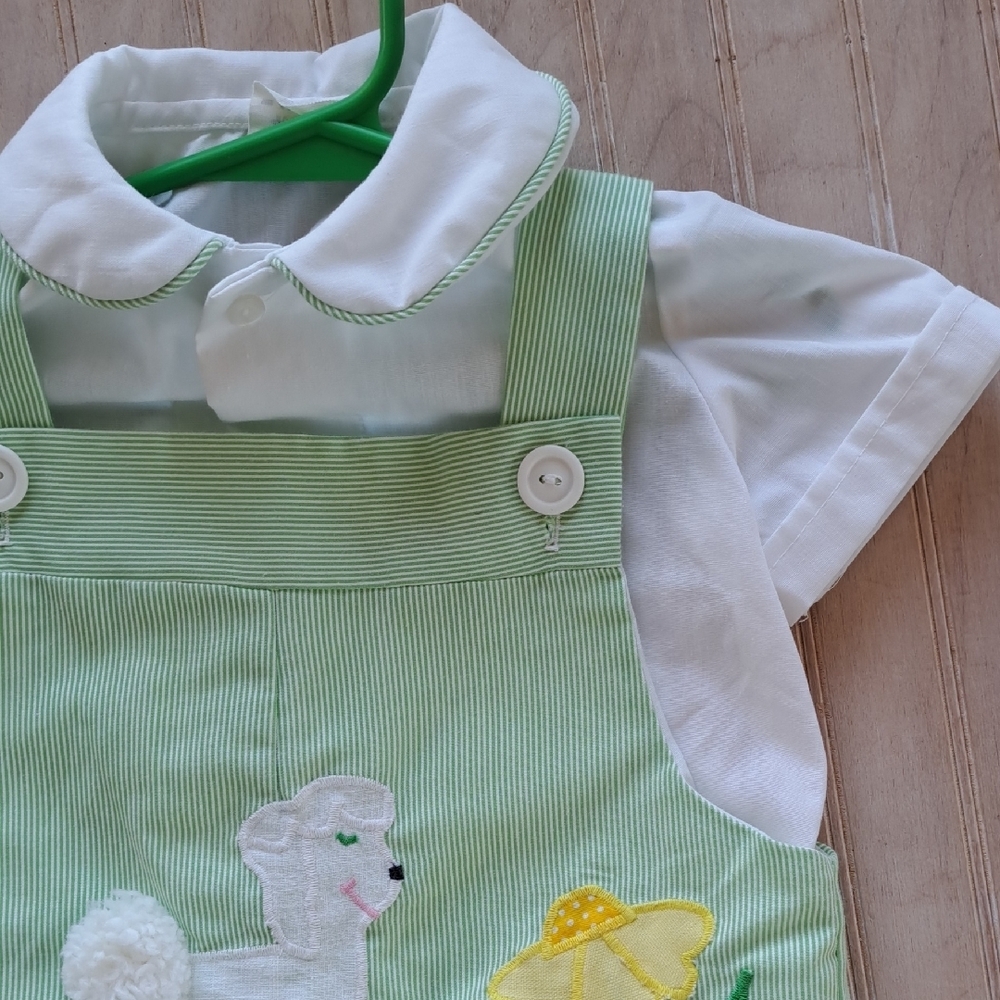 The Pond Vintage Green Pinstripes  Romper Patchwork Lamb 2 Piece Lightweight - Picture 2 of 12